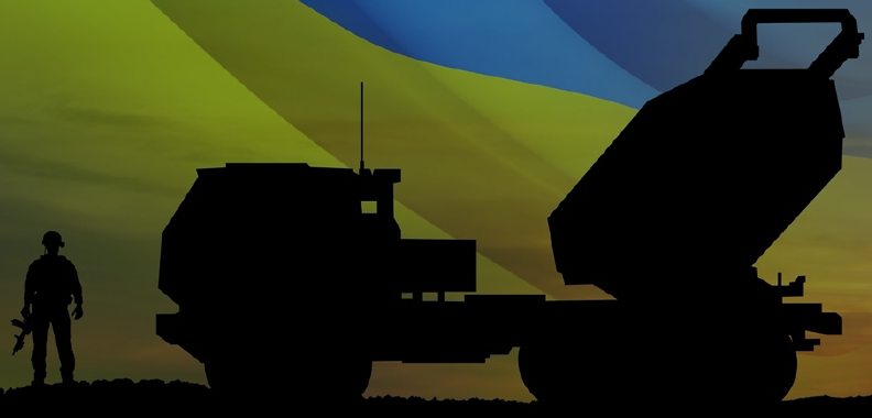 Silhouette of a combat soldier and military vehicle against a backdrop of the Ukrainian flag
